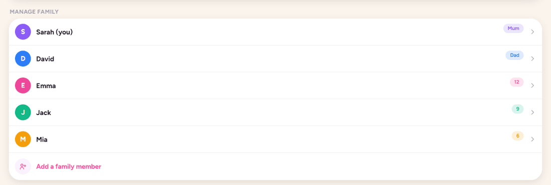The Manage family list in Settings with an Add a family member button