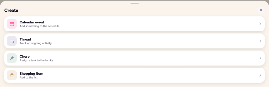 The Quick Add menu showing Calendar event, Thread, Chore and Shopping item