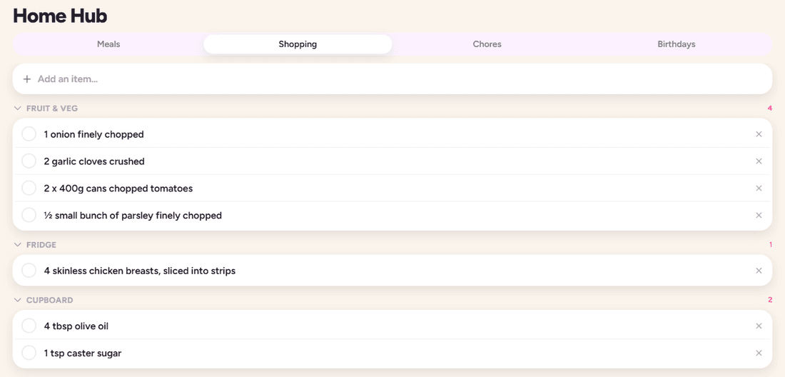A shared shopping list in the Hub, grouped into sections