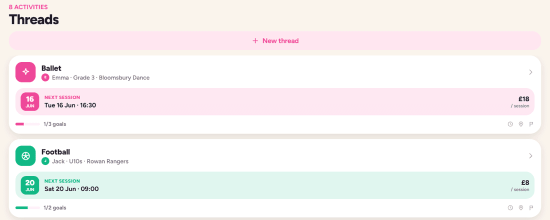 The Threads list showing Ballet and Football with their next sessions