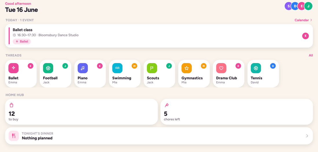 The Today screen showing the day’s agenda, threads and home hub